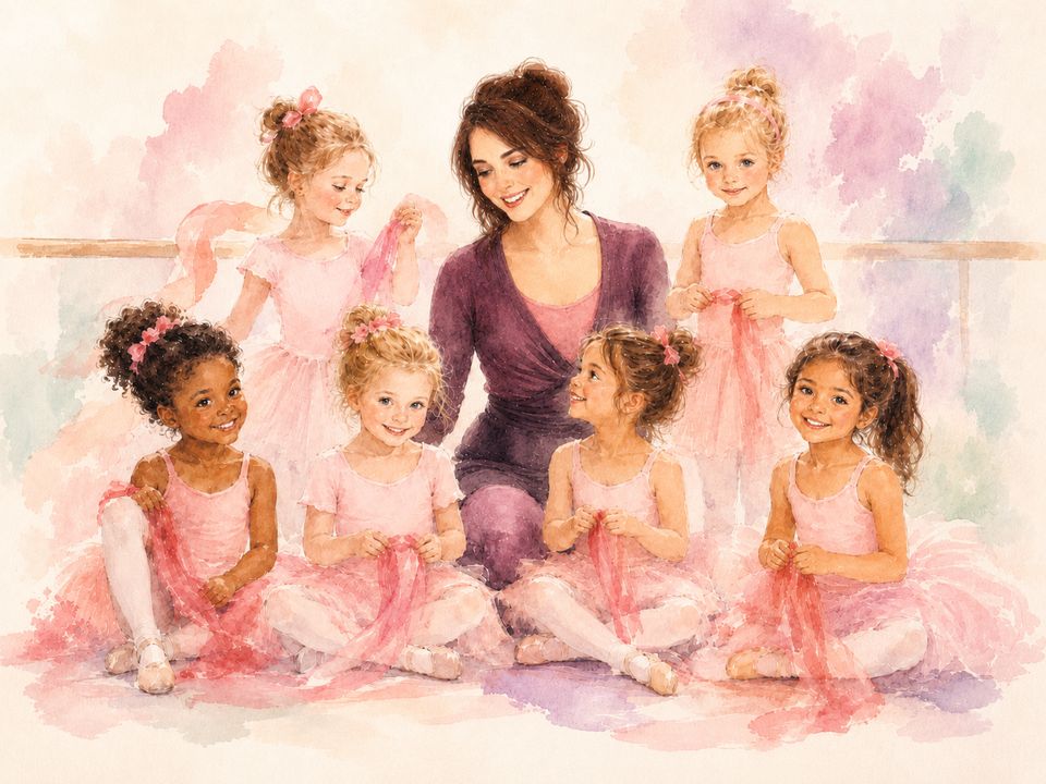 Ilustración en acuarela de Ms. Tori rodeada de seis pequeños bailarines.